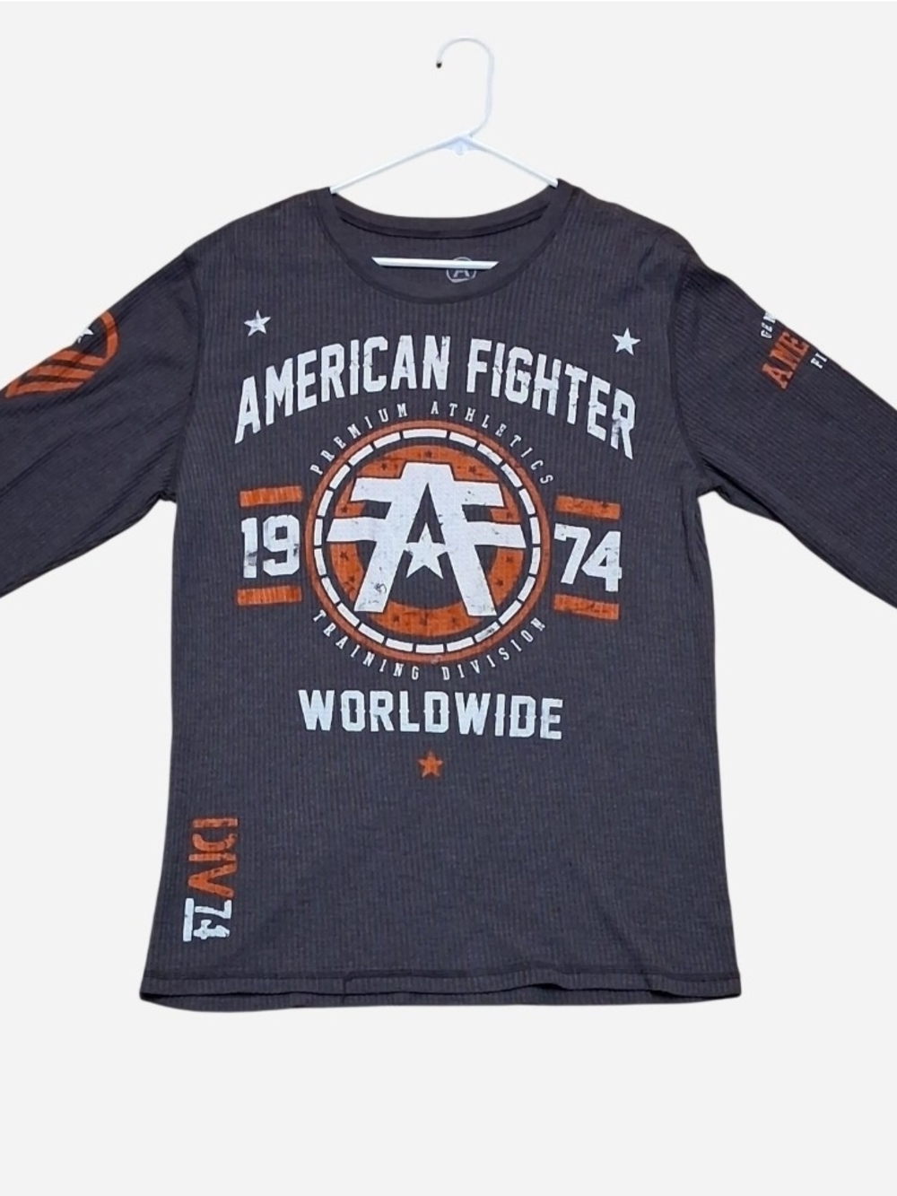 American Fighter Gray Long-Sleeve Tee with Orange & White Graphics